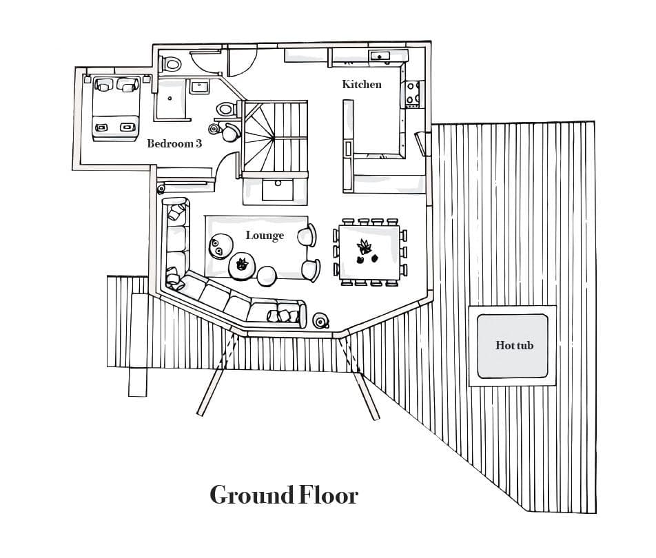 Ground floor plan: lounge, kitchen, bedroom with ensuite, and deck with hot tub