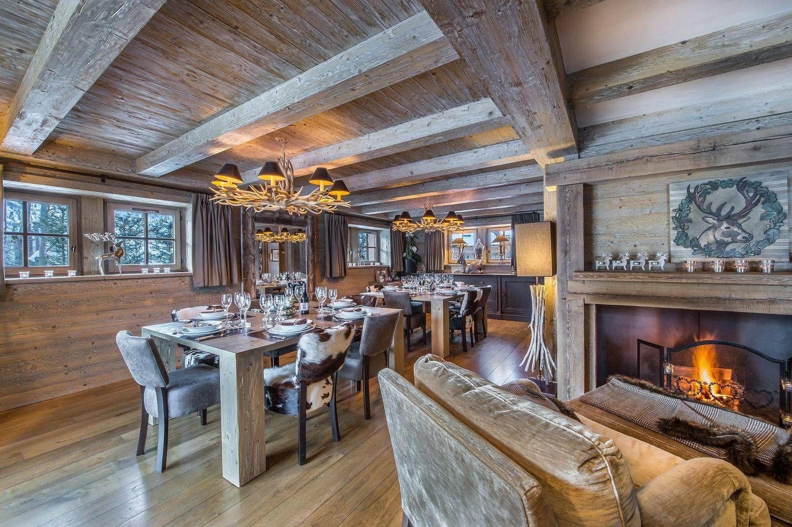 Dining area with wood-burning fireplace and seating for 16 guests