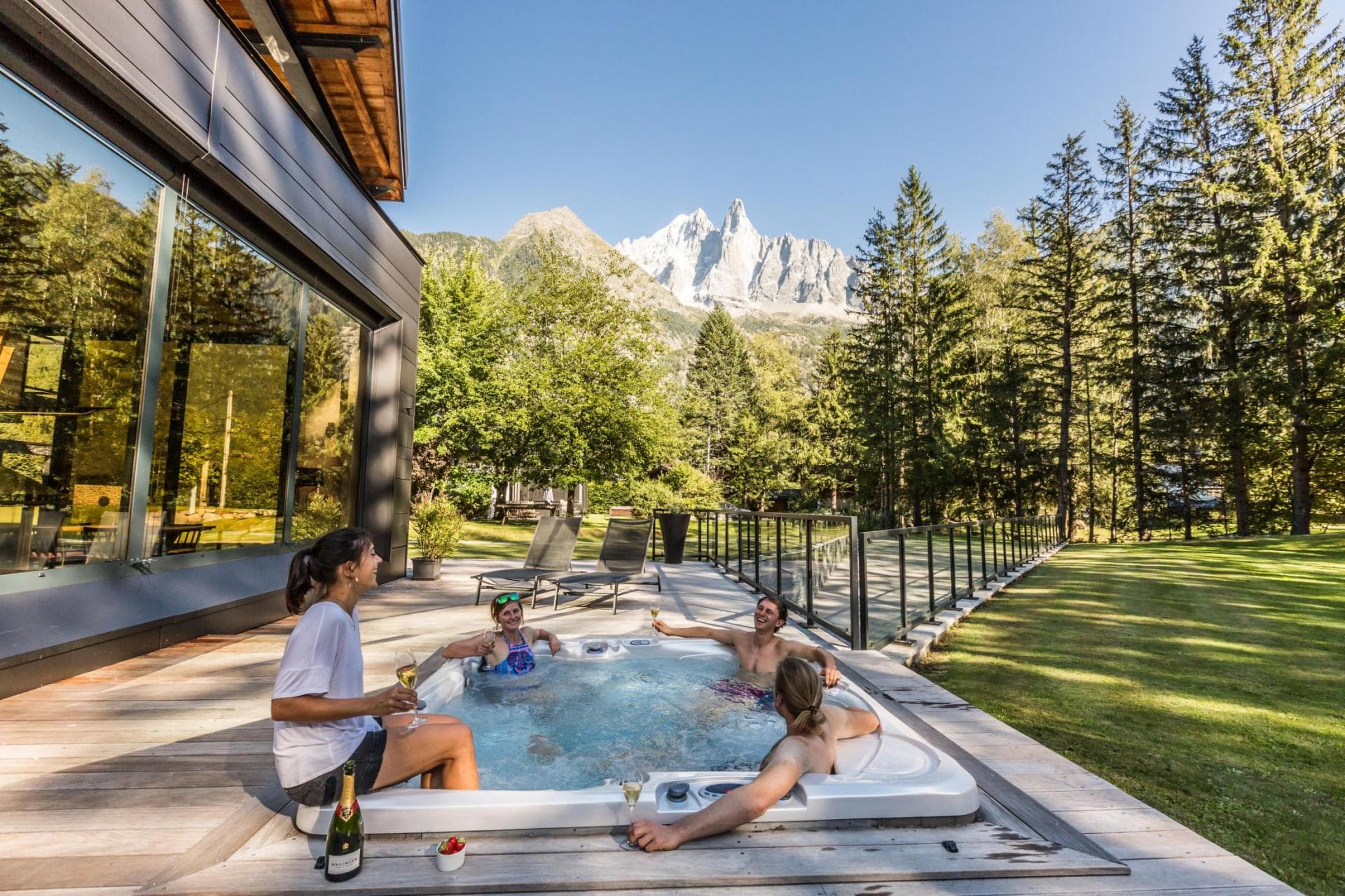 Sun deck with sunken hot tub and Mont Blanc views