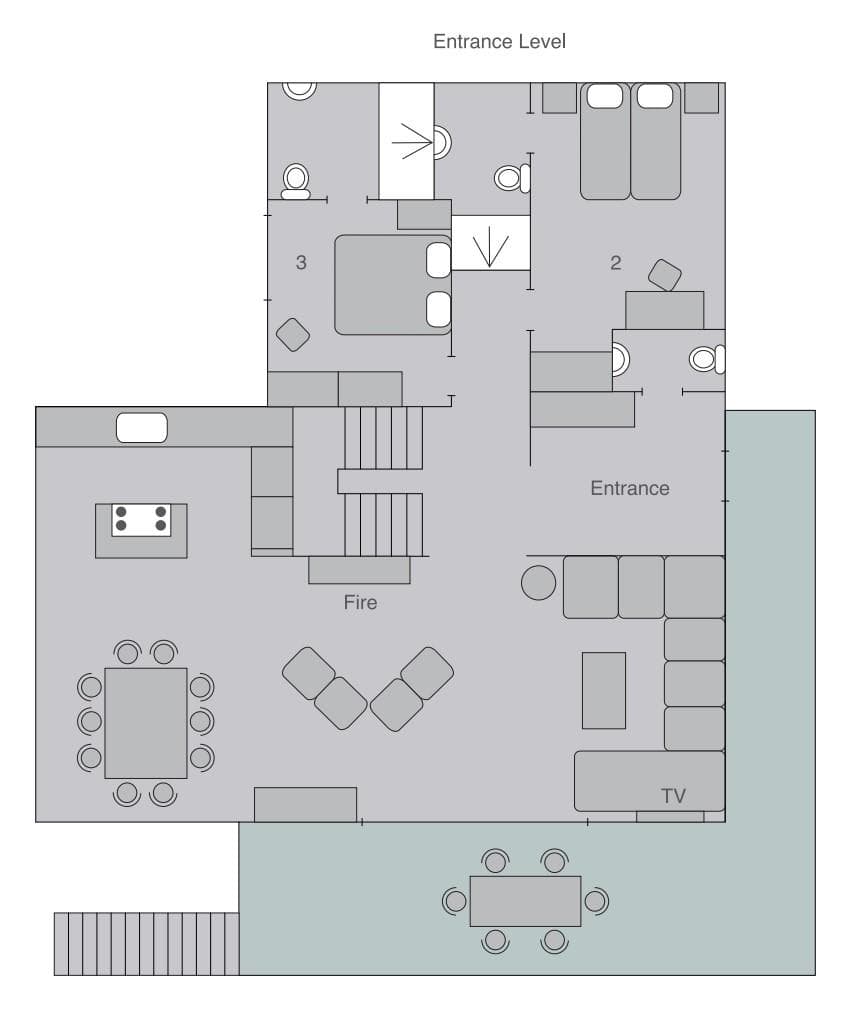 Entrance level floor plan: living area, fireplace, dining, kitchen, and two ensuite bedrooms