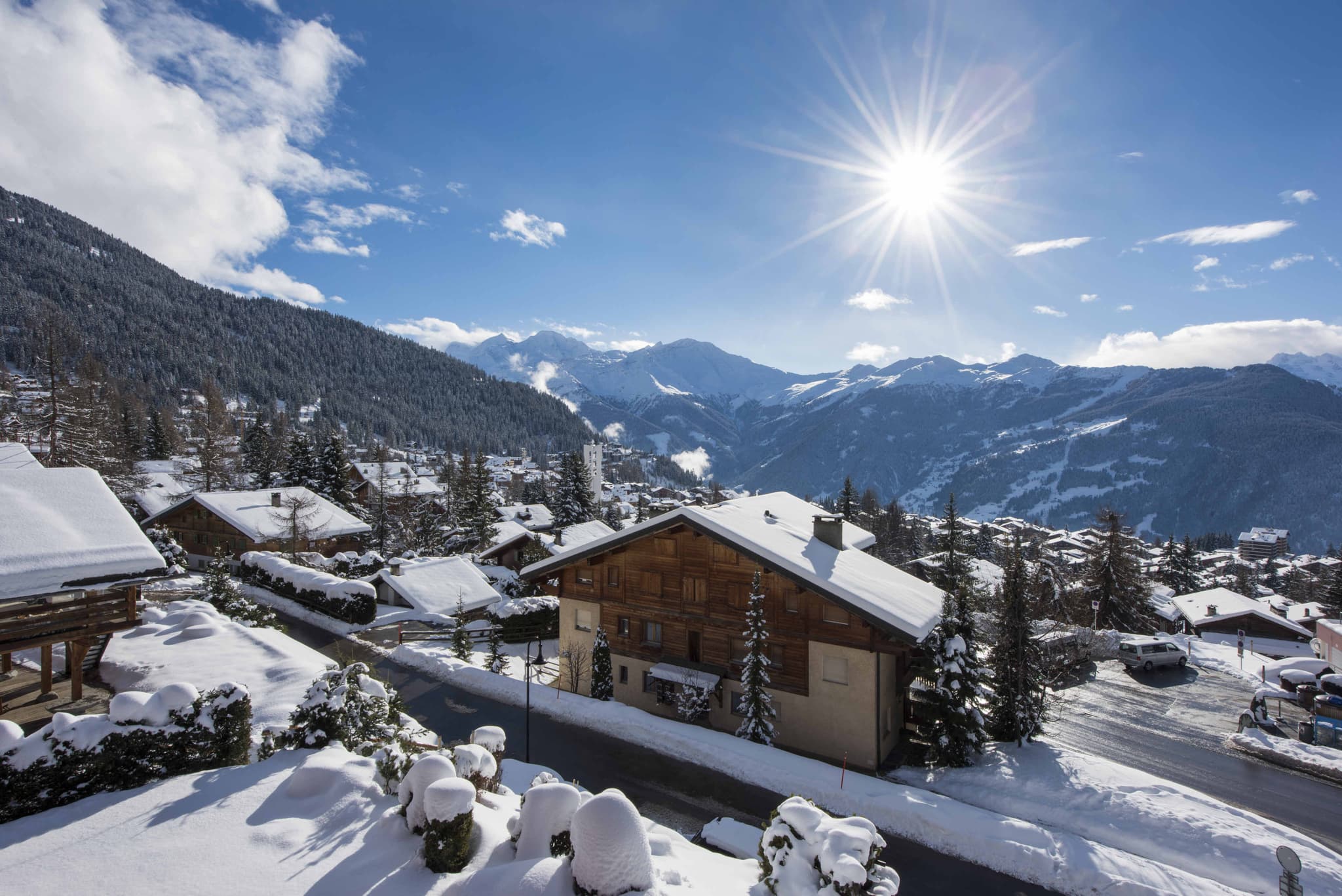 Snow-covered village and mountain views; south-facing for maximum sunlight