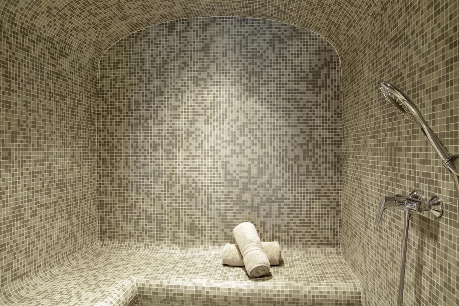 Private steam room with mosaic tile and handheld shower head
