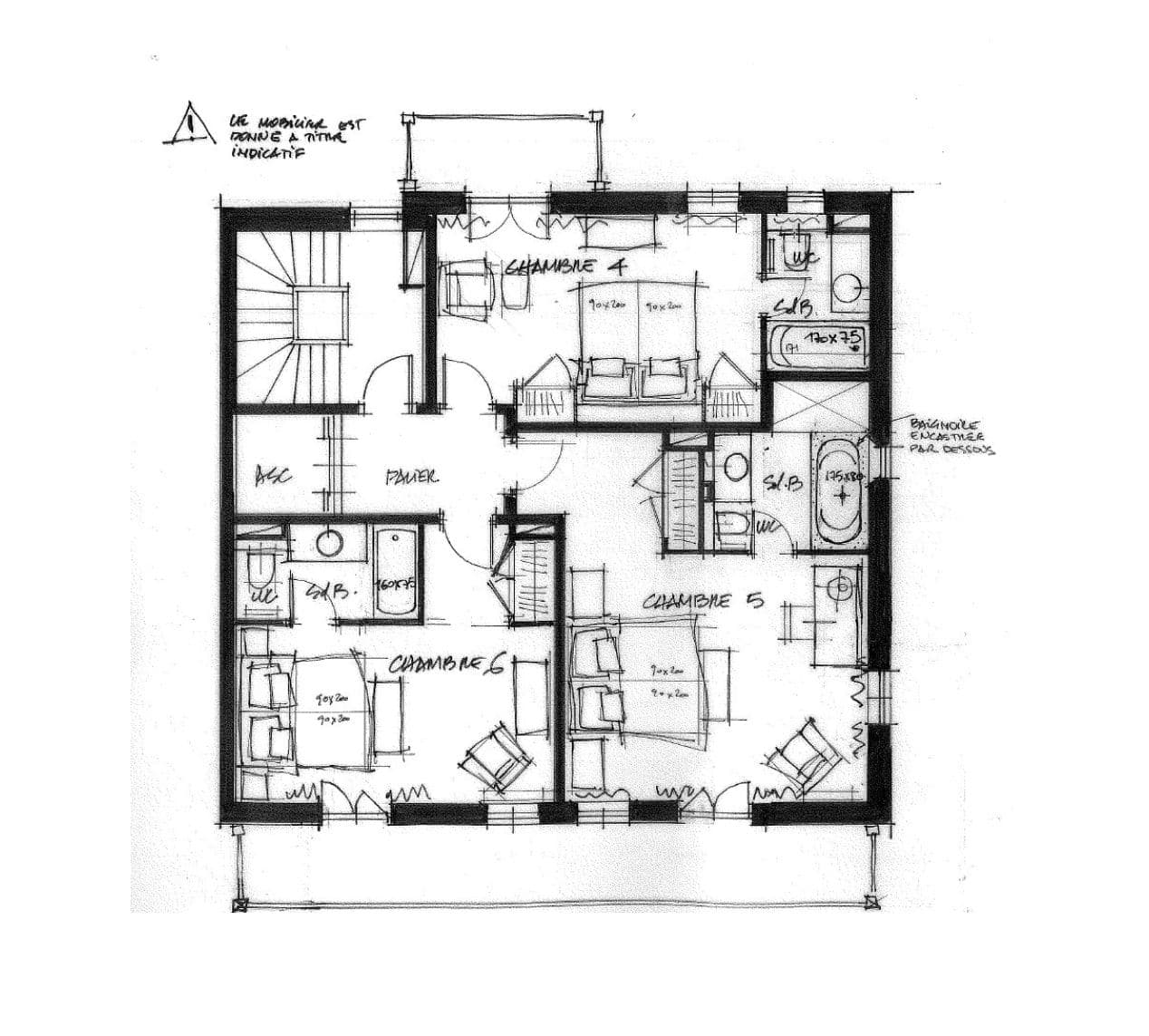 Upper floor plan: three bedrooms, each featuring a private ensuite bathroom