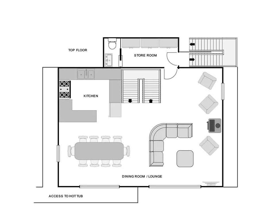 Top floor layout: open-plan kitchen, dining, and lounge area with hot tub access