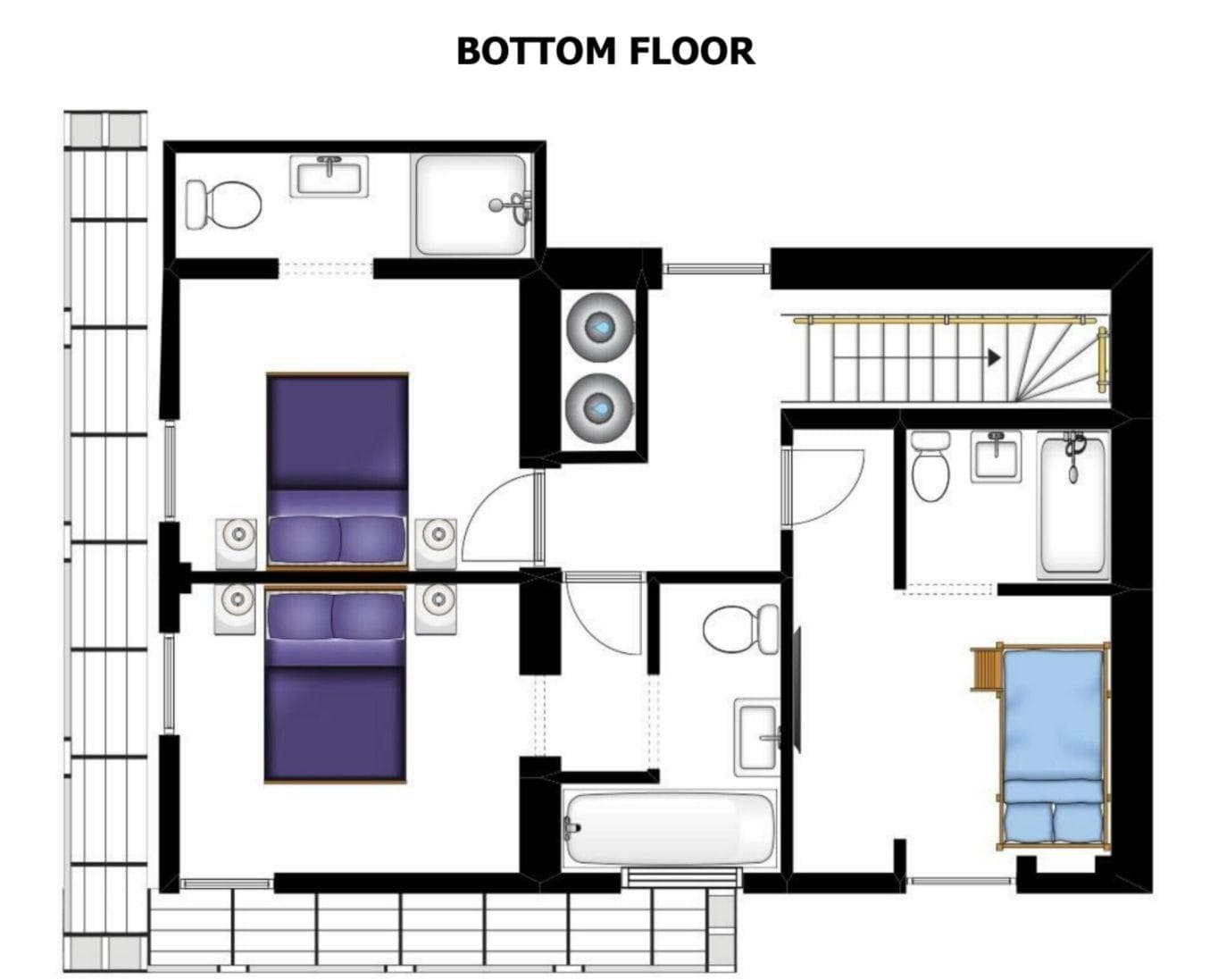 Bottom floor plan: two bedrooms with en-suite baths and laundry closet
