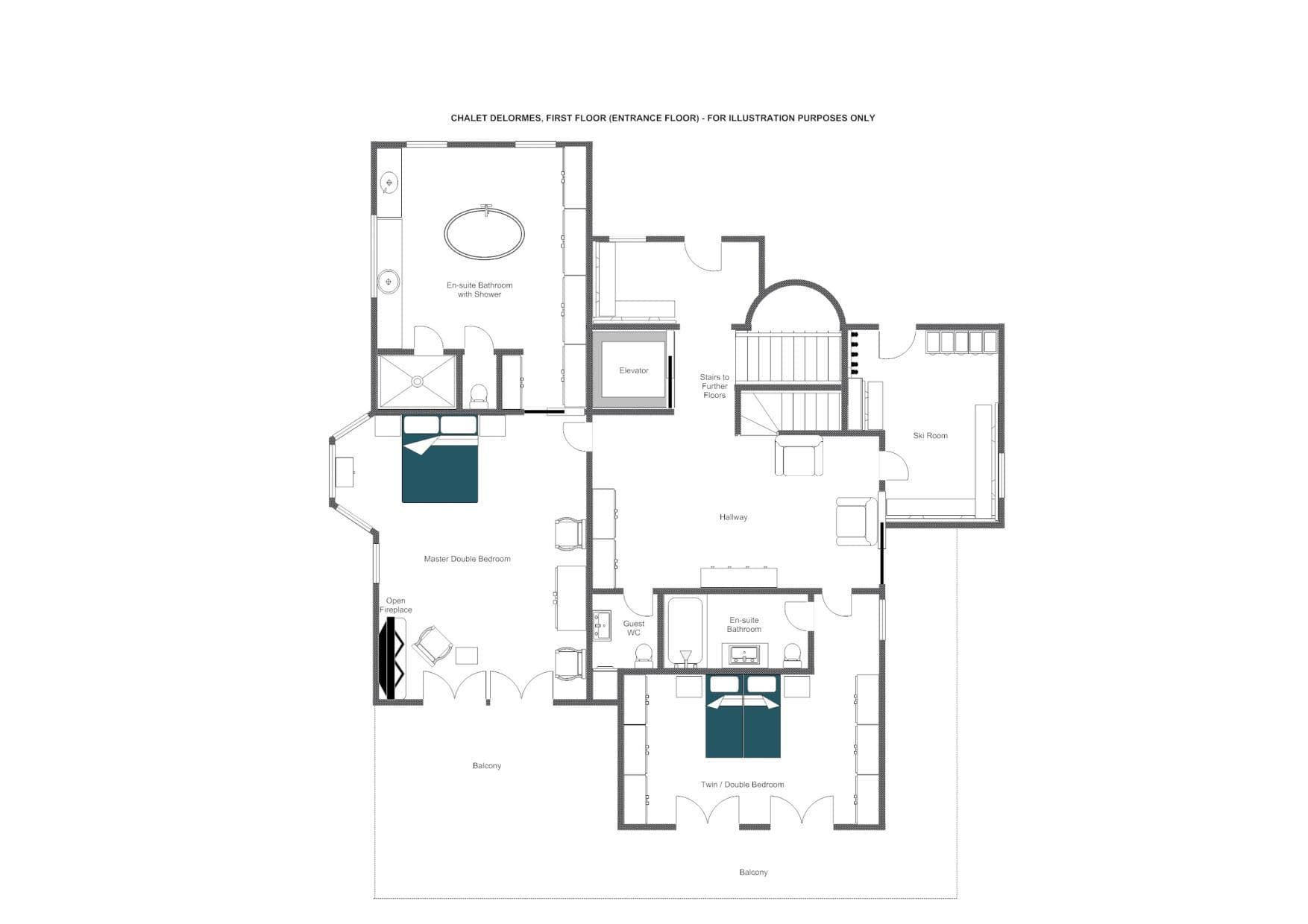 First floor layout: master bedroom with fireplace, guest room, elevator, and ski room