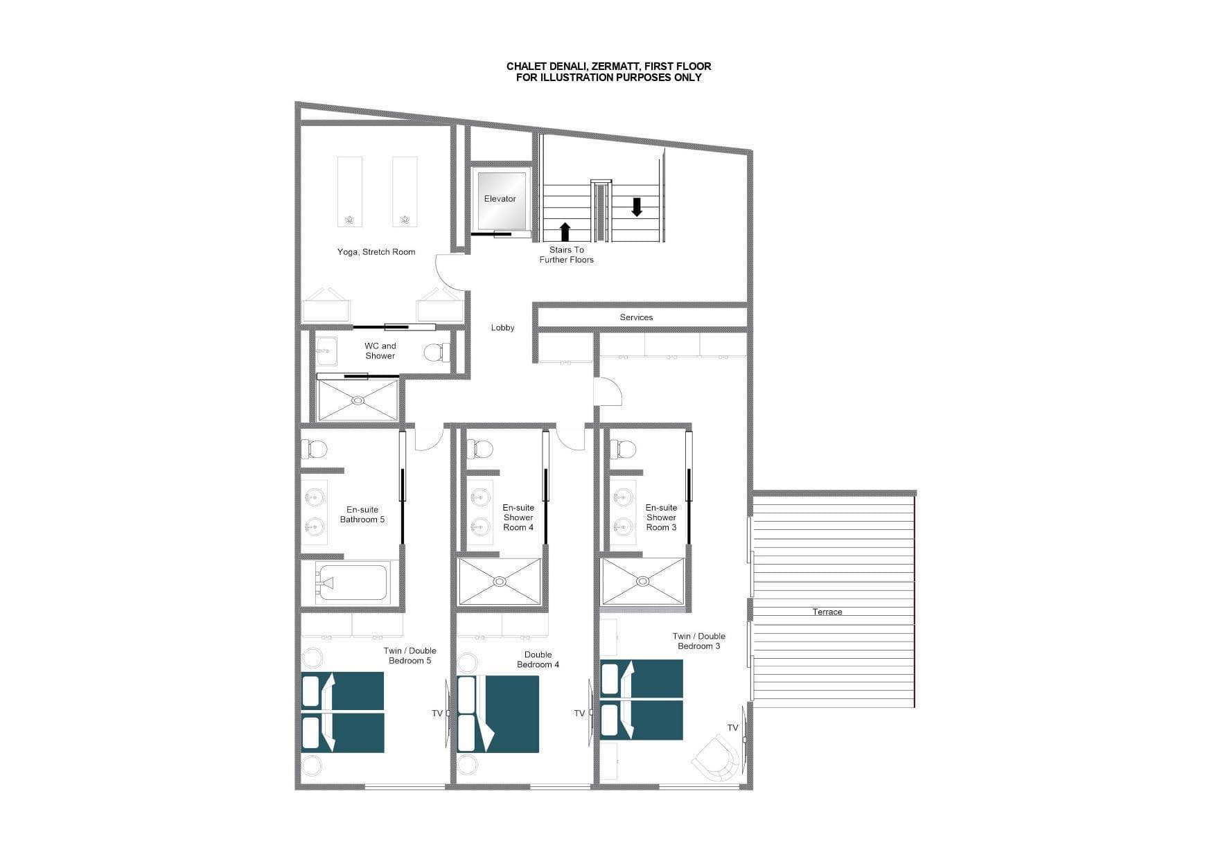 First floor plan: three en-suite bedrooms, yoga room, and terrace access
