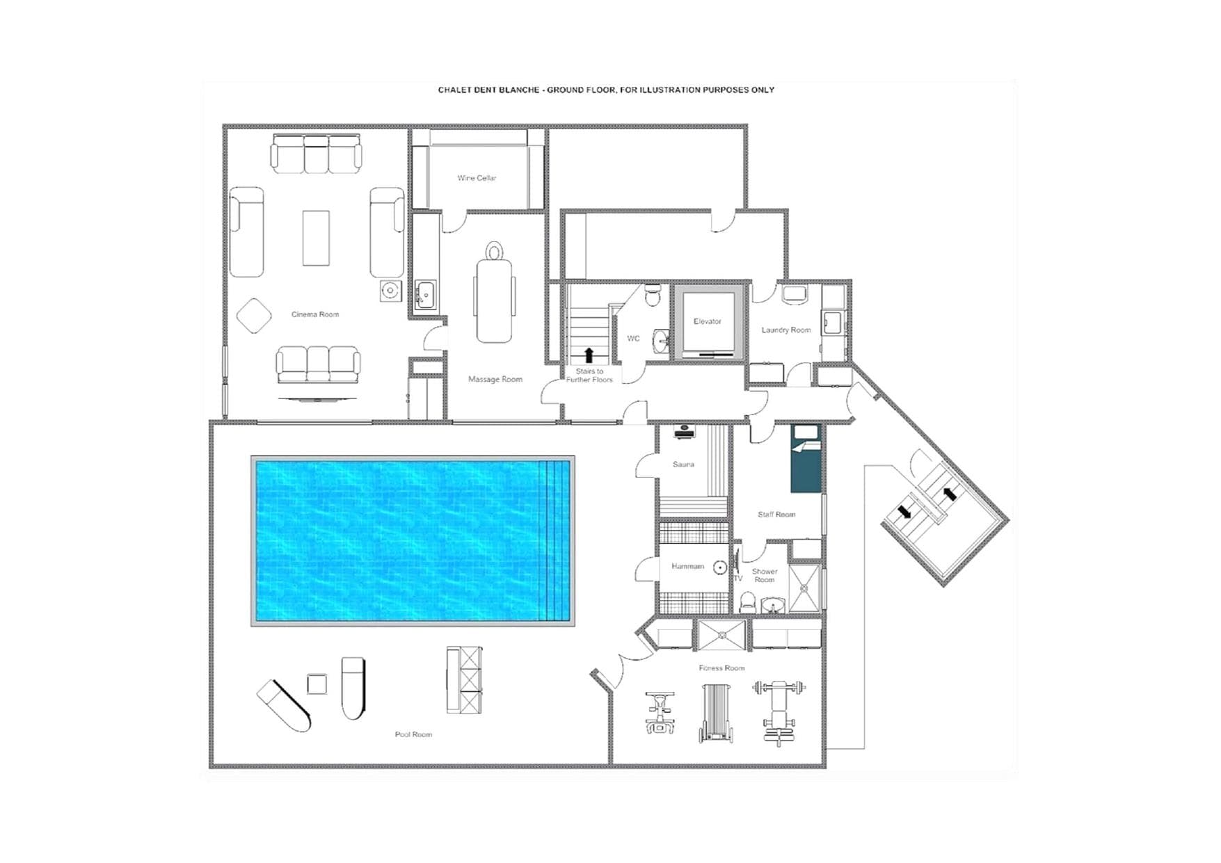 Ground floor plan: pool, spa, fitness room, cinema, and wine cellar