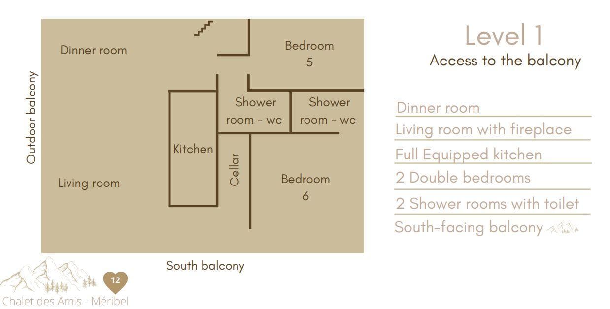 Level 1 floor plan: two bedrooms, kitchen, and south-facing balcony access