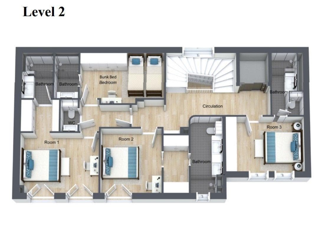 Level 2 floor plan: four bedrooms including bunk room and four bathrooms