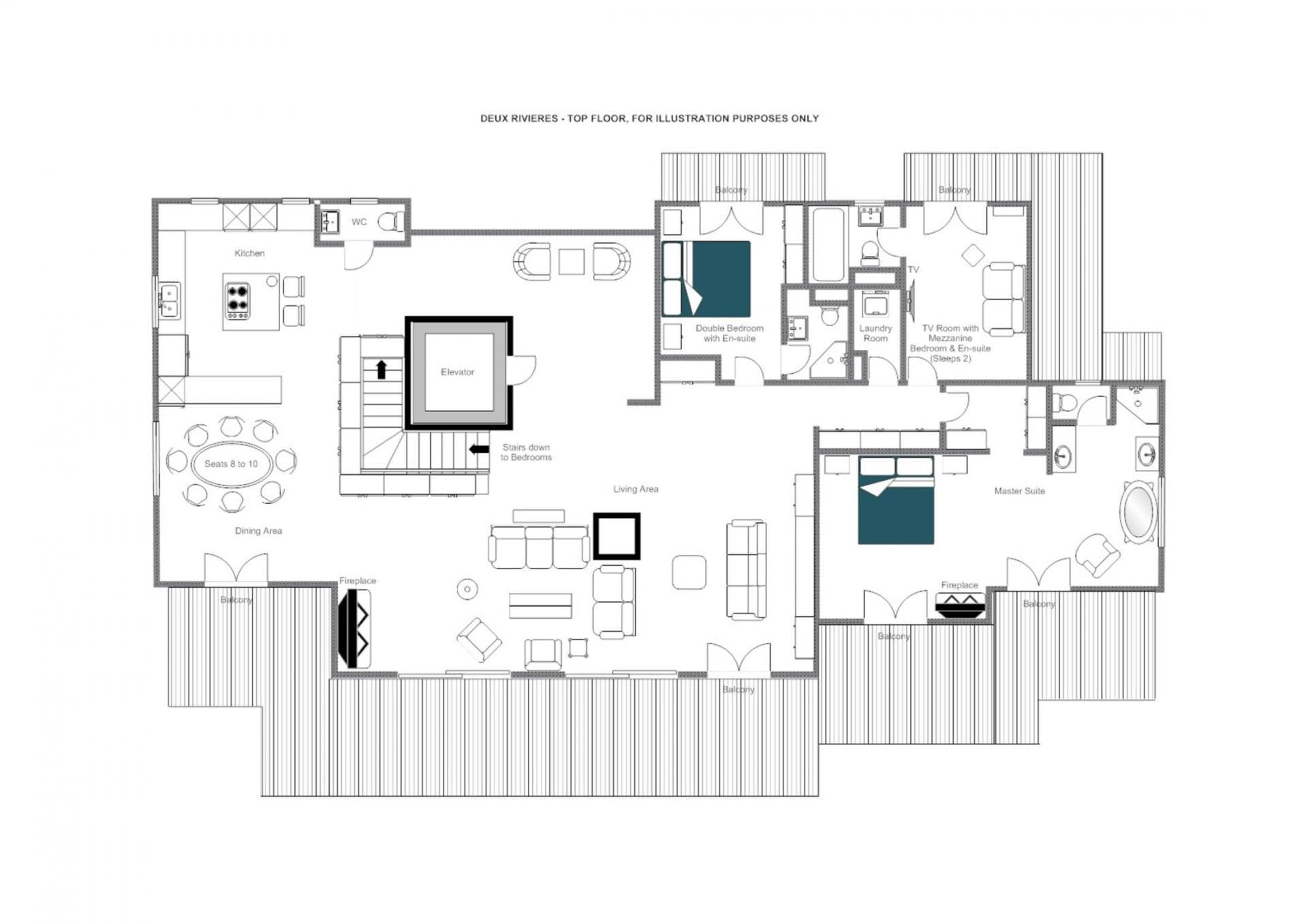 Top floor layout: open-plan living, master suite, double bedroom, and wrap-around balcony