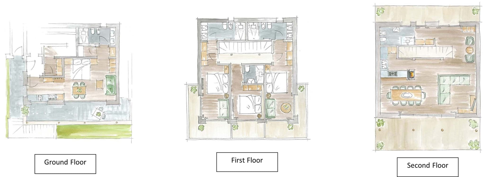 Floor plans for three levels including four bedrooms and open-plan top floor