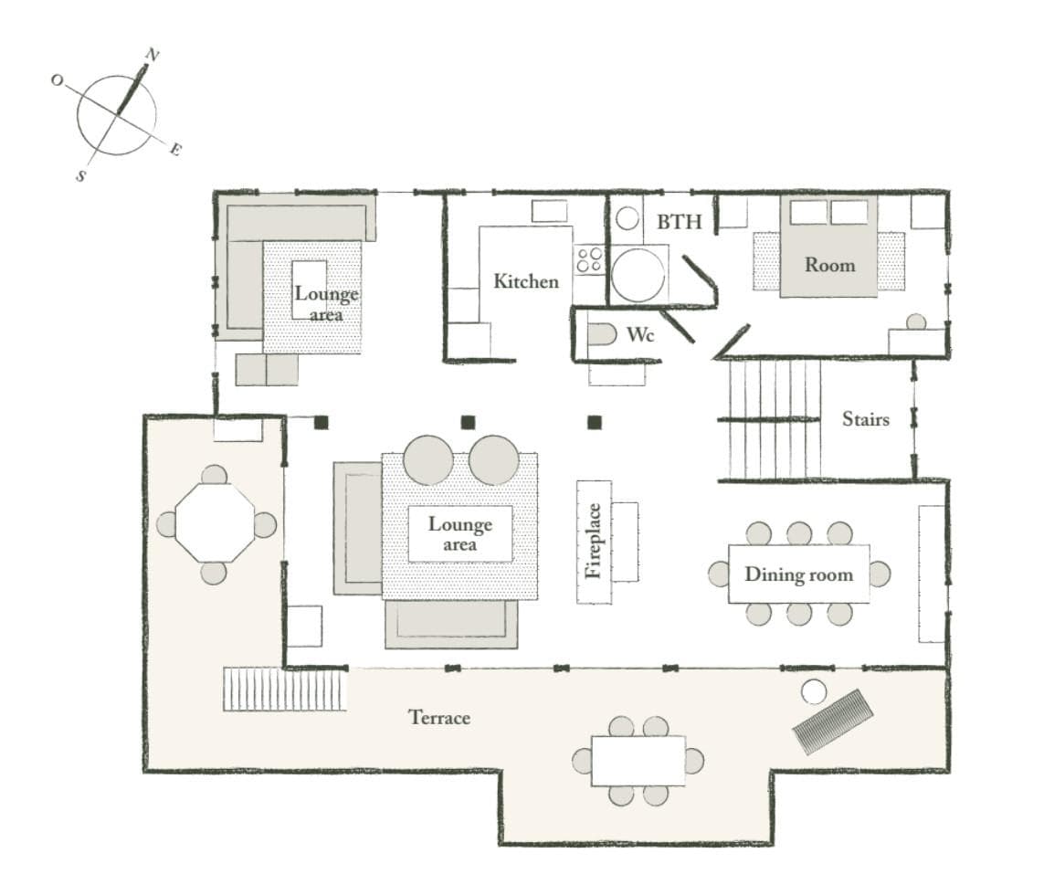Floor plan: open-plan living with fireplace, kitchen, terrace, and one bedroom