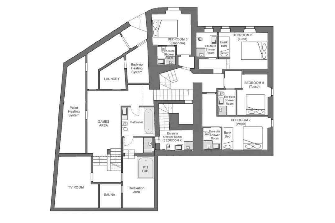 Lower floor plan: four en-suite bedrooms, sauna, hot tub, and games area