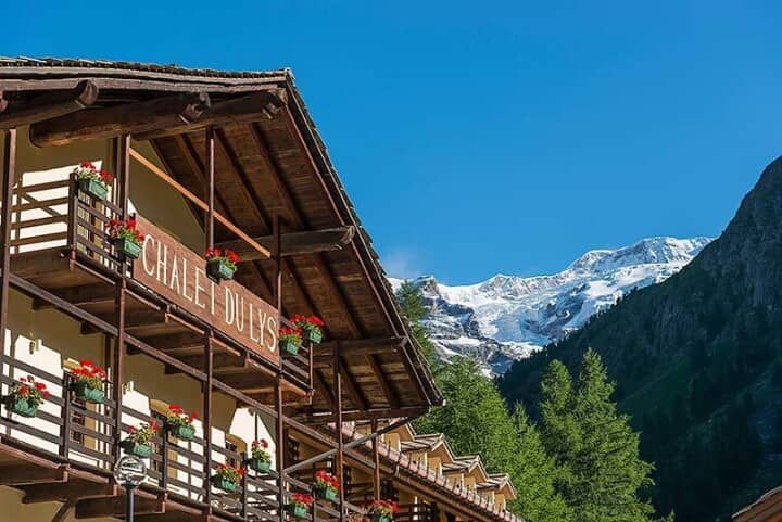 Chalet exterior with private balconies and Lys Glacier views