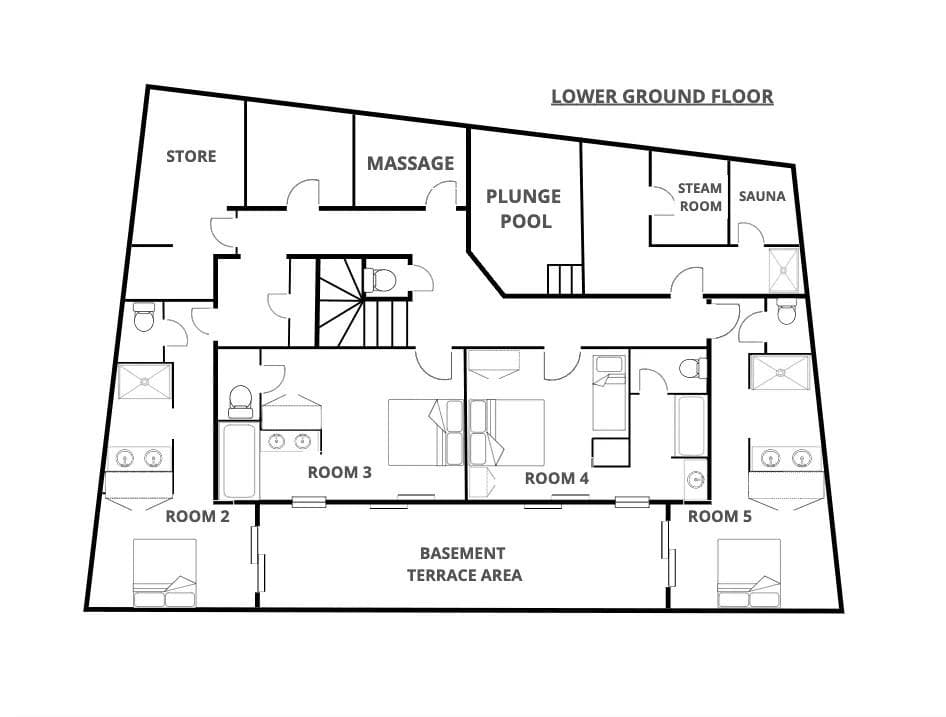 Lower ground floor plan featuring four bedrooms, plunge pool, steam room, and sauna