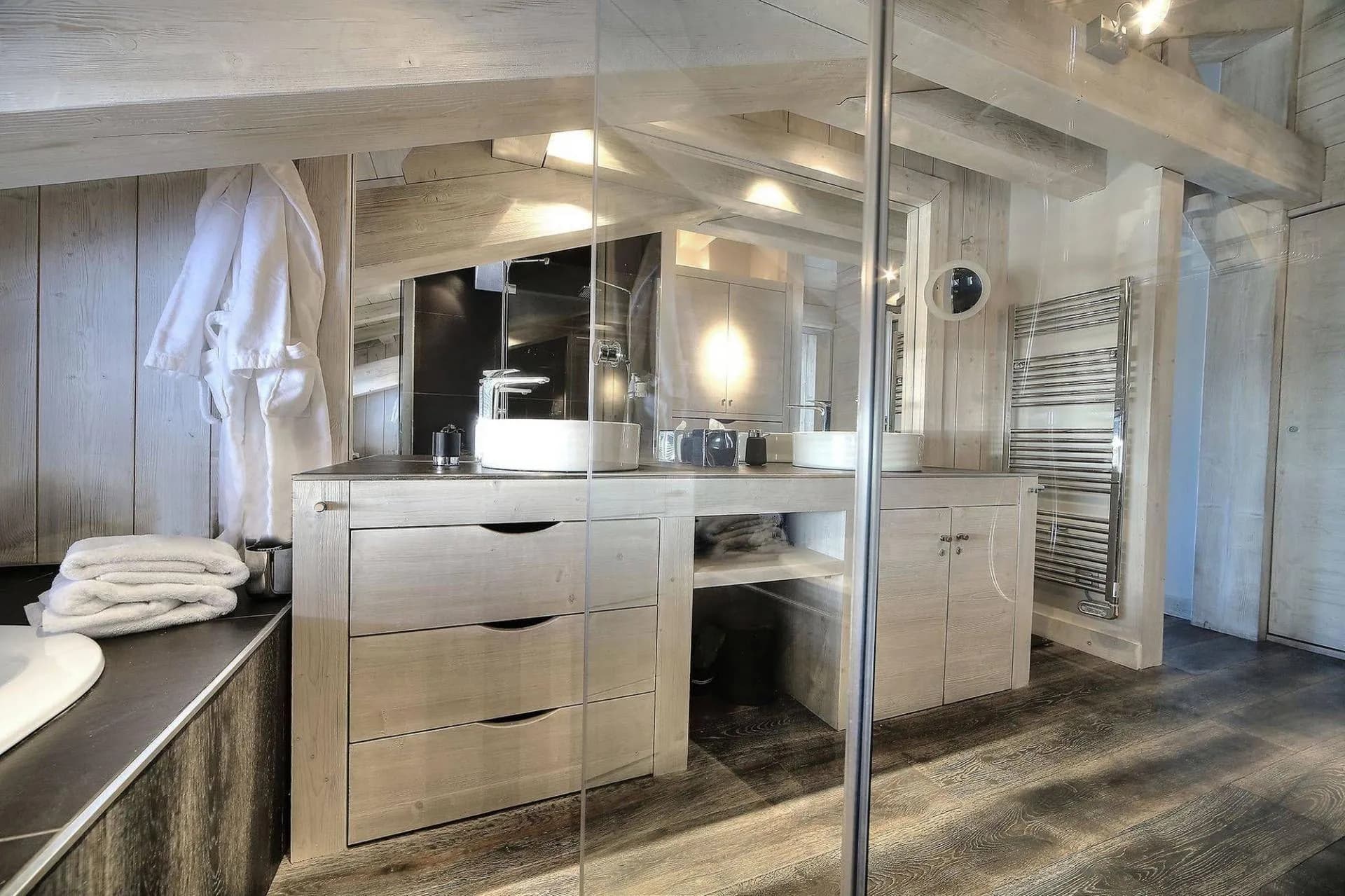 Shower room with vanity and towel rail