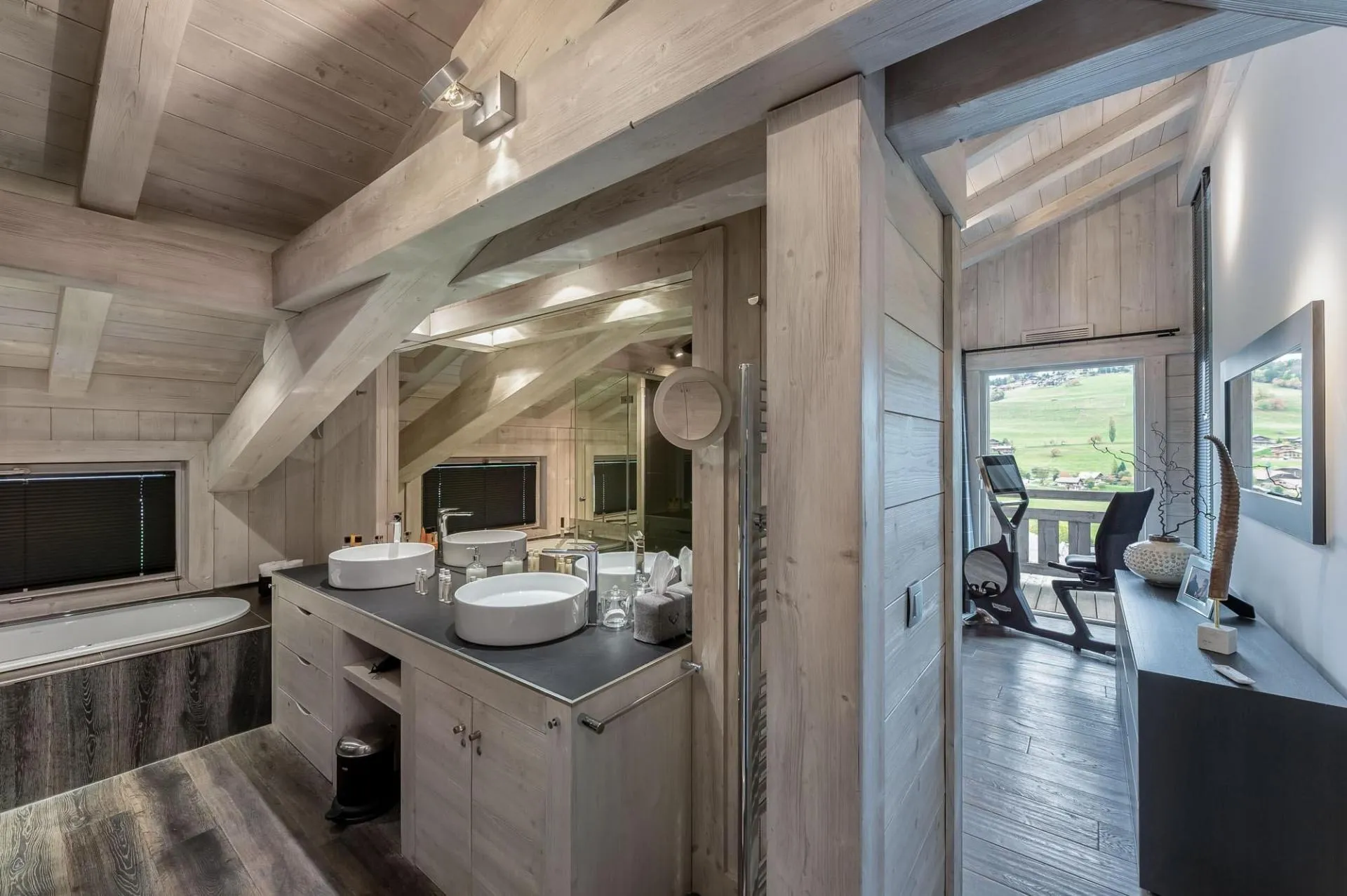 Bathroom vanity beside a window