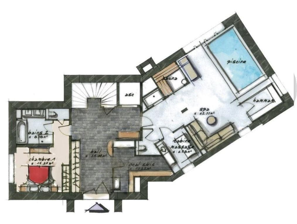 Lower level floor plan: spa with pool, sauna, hammam, and ski storage