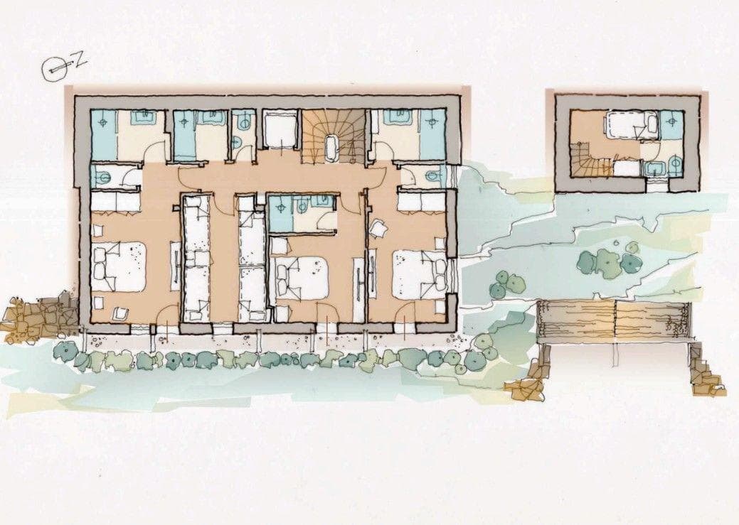 Floor plan: six bedrooms with en-suite bathrooms and outdoor terrace access