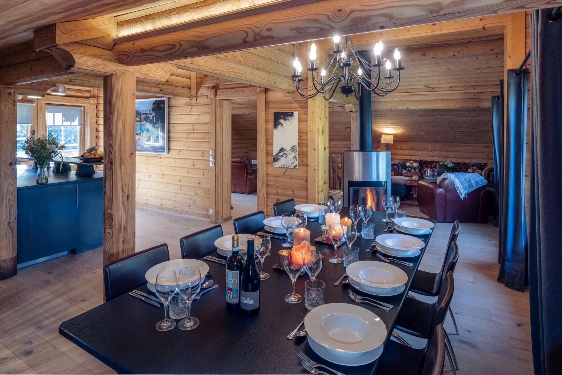 Dining area with seating for 10 and wood-burning stove