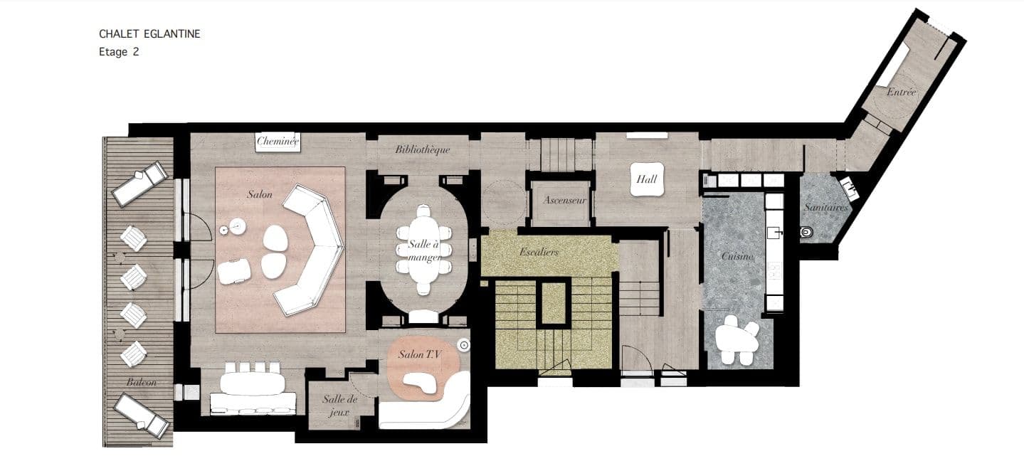 Second floor plan: living areas, kitchen, TV room, and balcony with elevator access