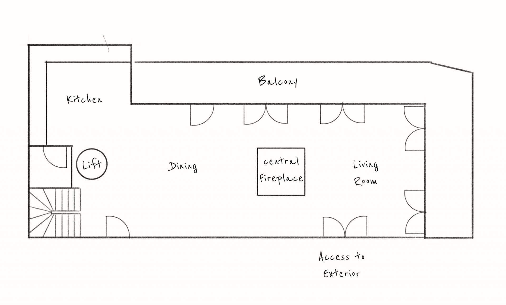 Main floor layout featuring central fireplace and private lift access