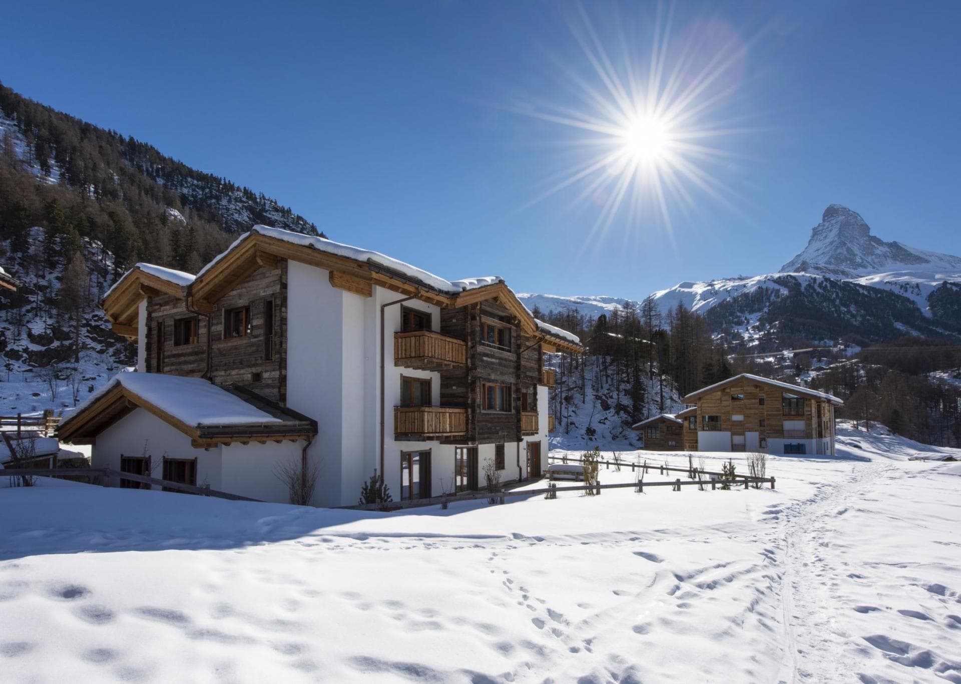 Chalet exterior with private balconies and Matterhorn views