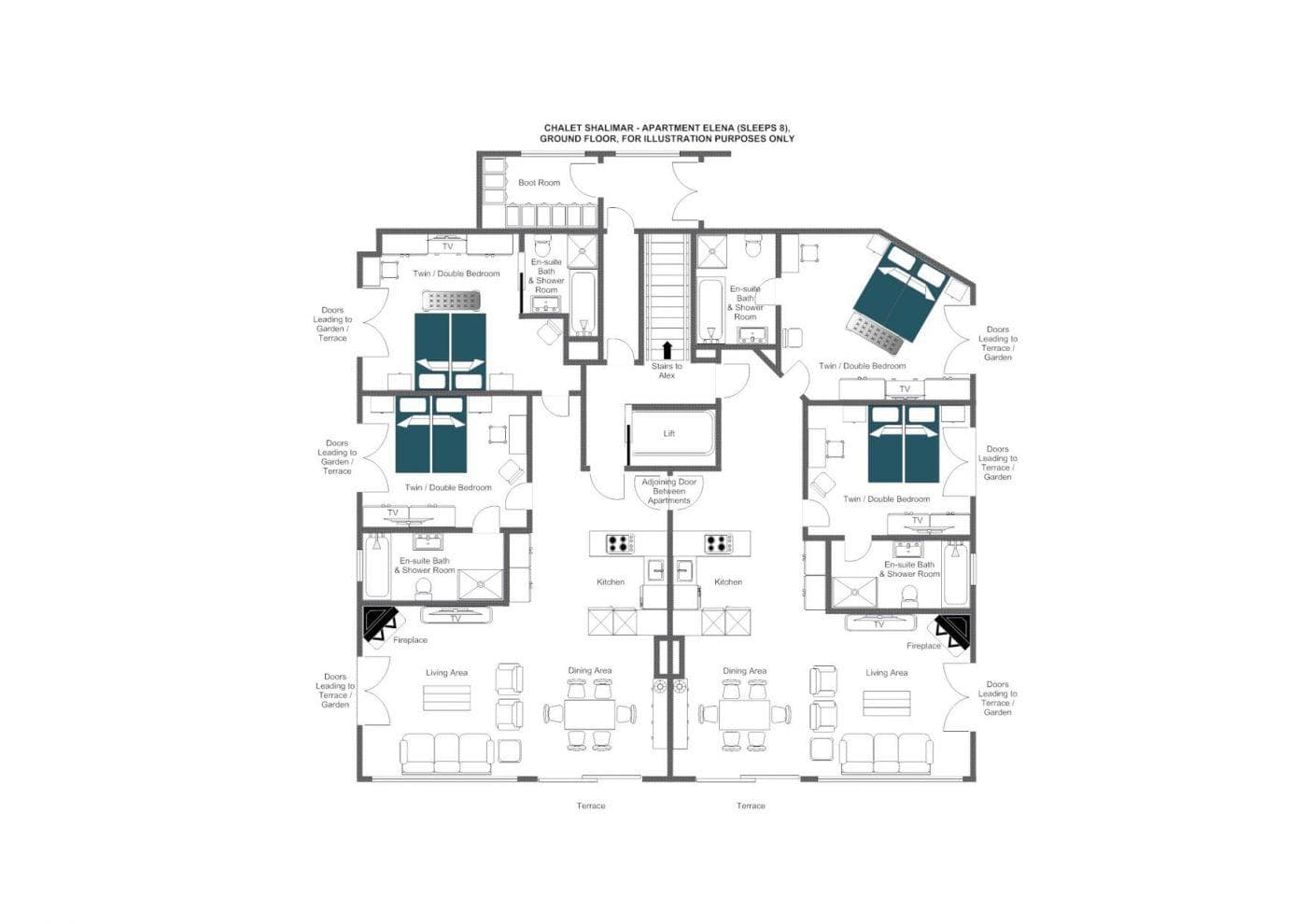 Ground floor plan: four en-suite bedrooms, boot room, and terrace access
