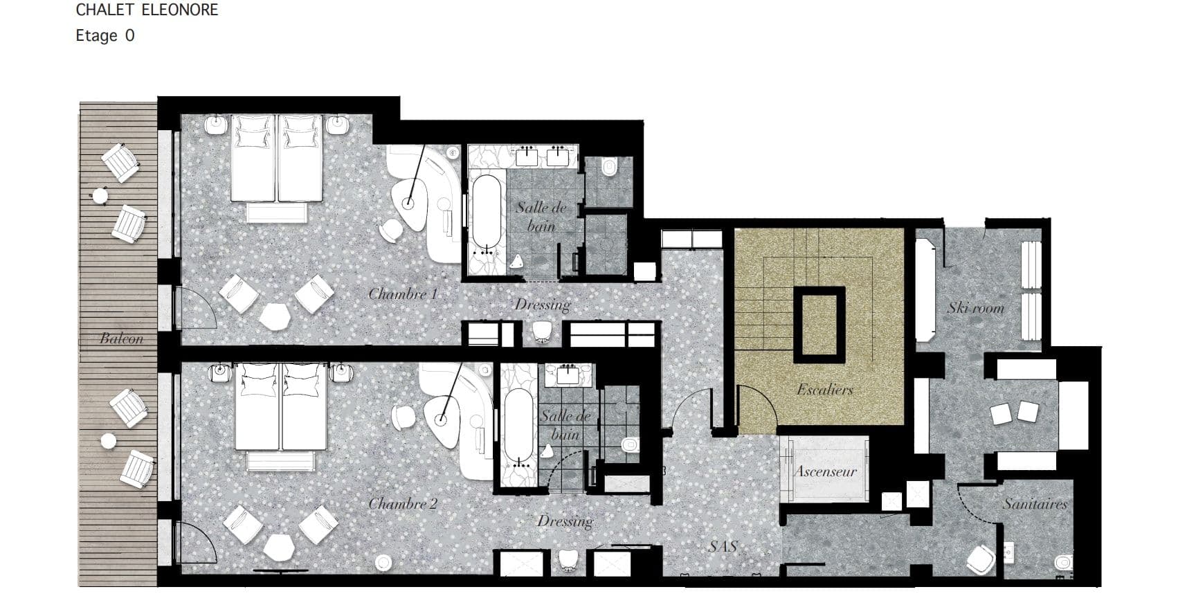 Ground floor layout: two en-suite bedrooms, ski room, and elevator access