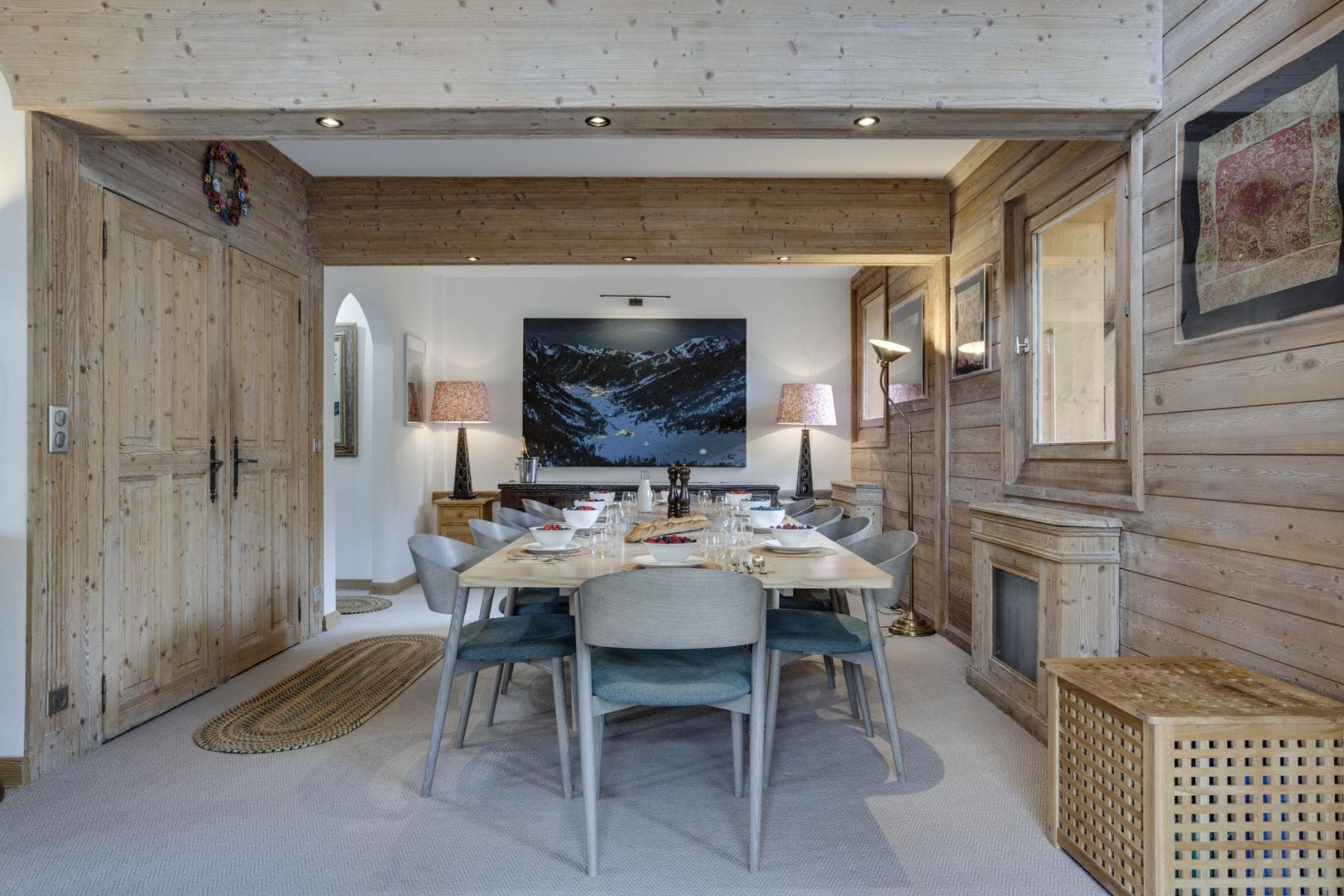 Dining room with seating for 10 and exposed wood beams