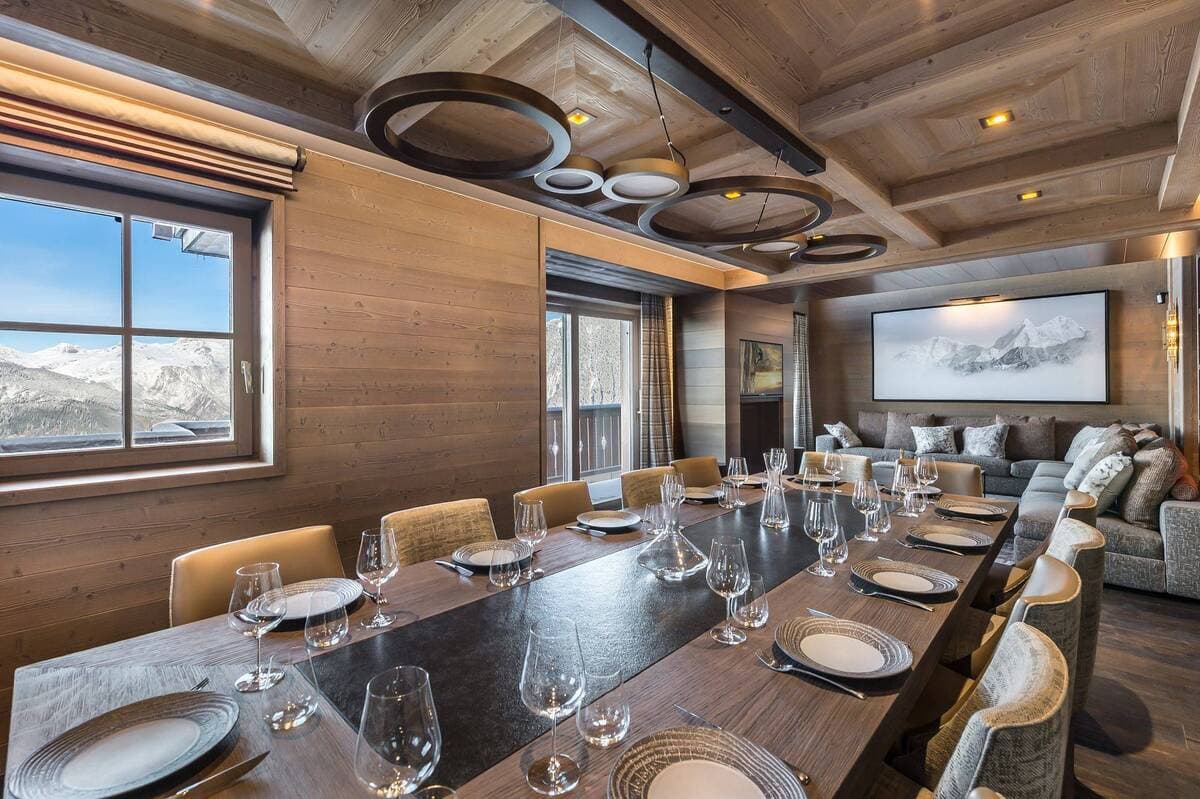 Dining table seats 12; mountain views and open-plan living area