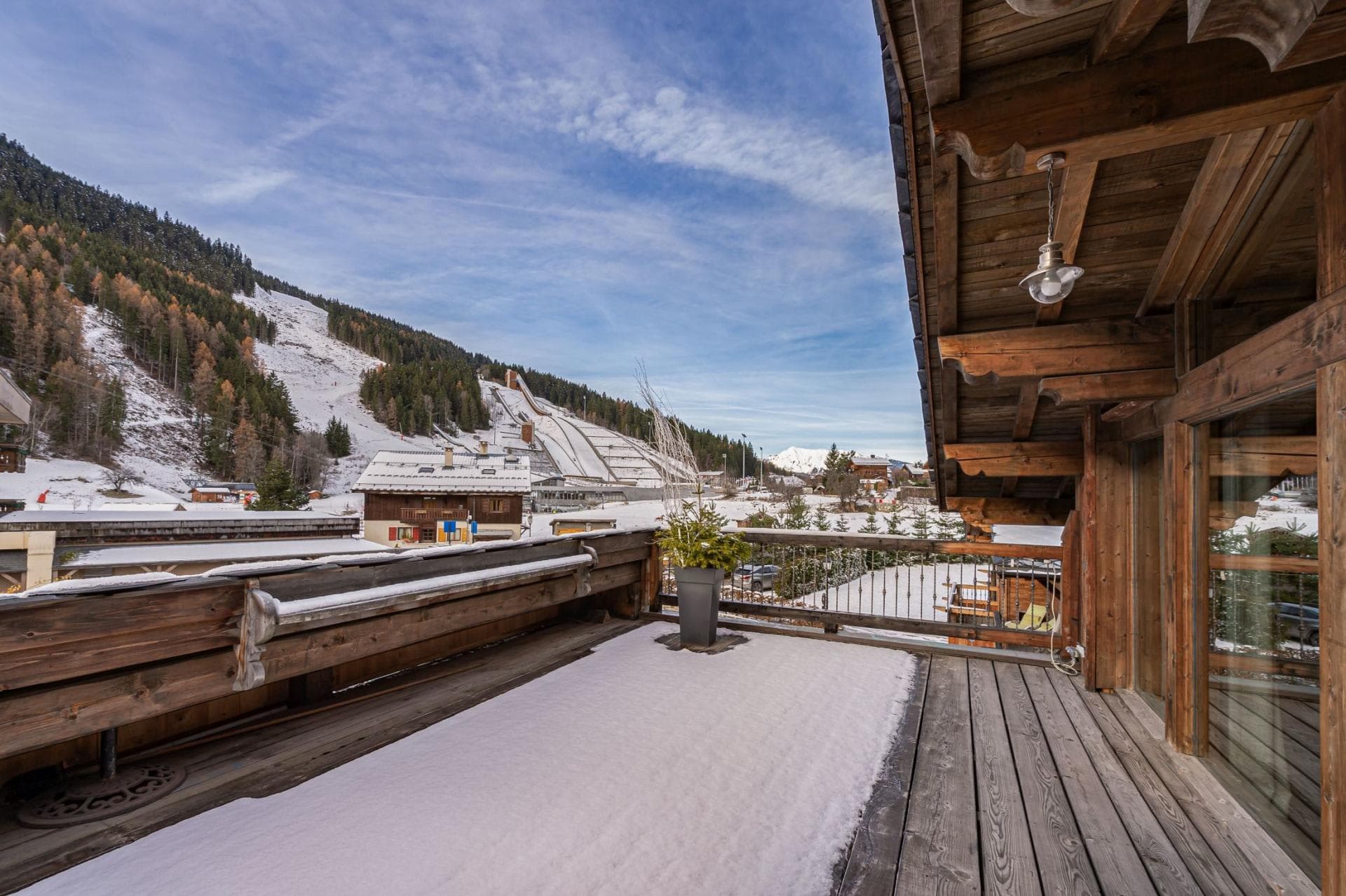 Private wooden balcony with views of the nearby Olympic ski jump