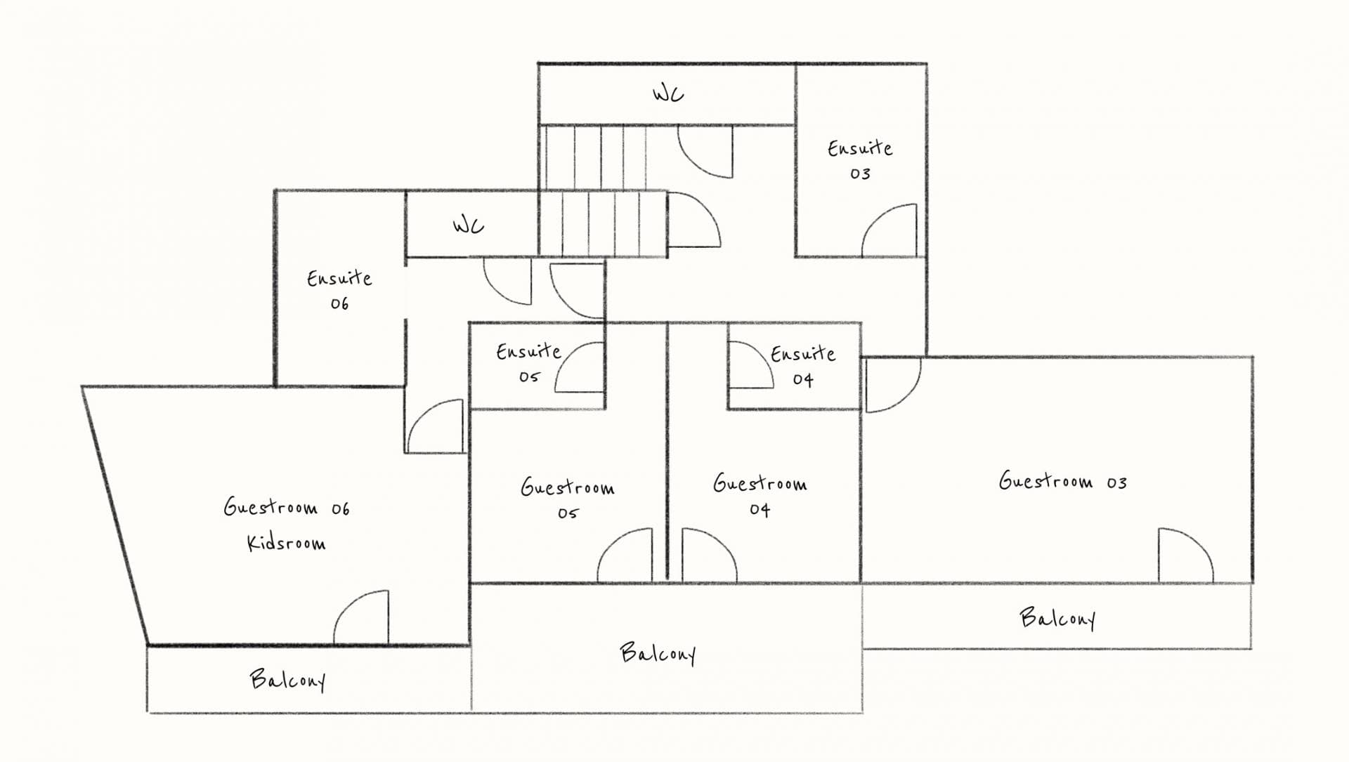 Upper floor layout: four guestrooms with ensuites and private balconies