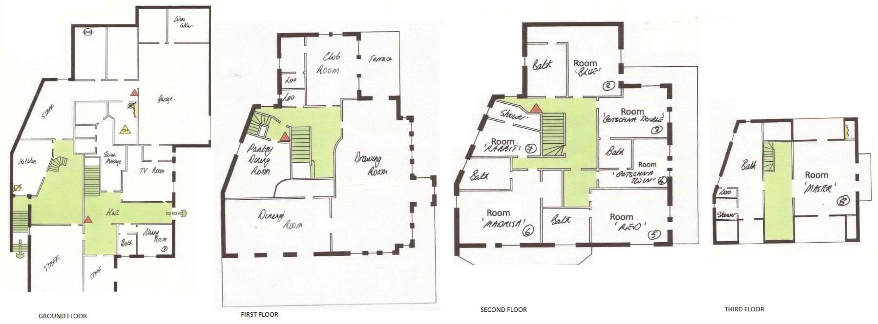 Floor plans for four levels including wine cellar, club room, and five bedrooms