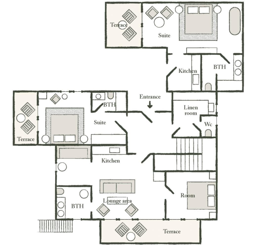 Floor plan: two suites with private terraces, kitchenettes, and shared lounge area