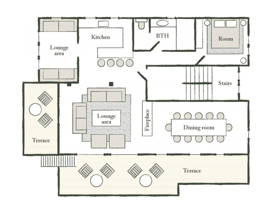 Floor plan: open-plan living, dining for 12, kitchen, bedroom, and dual terraces