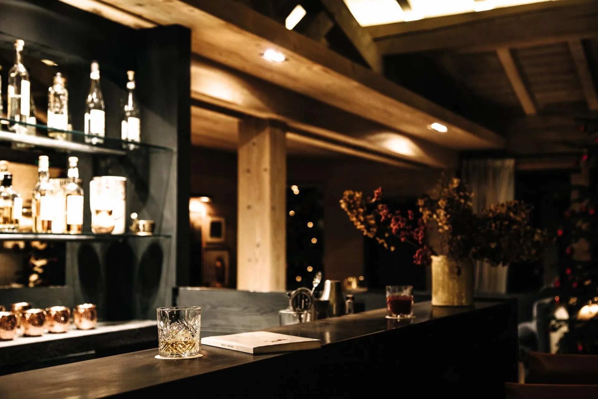 Private bar with cocktail stations and glass-shelved spirits display