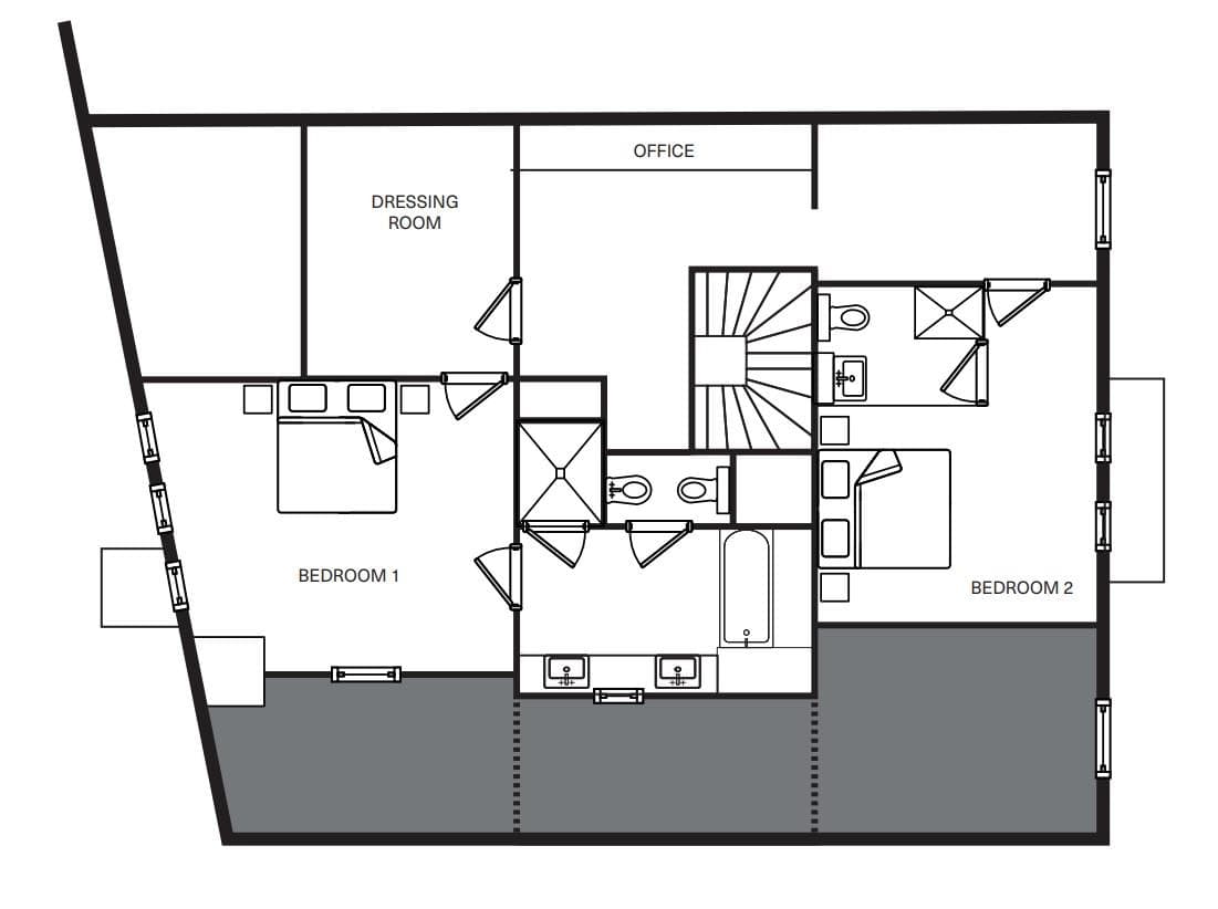 Upper floor plan: two bedrooms, office, dressing room, and balcony access