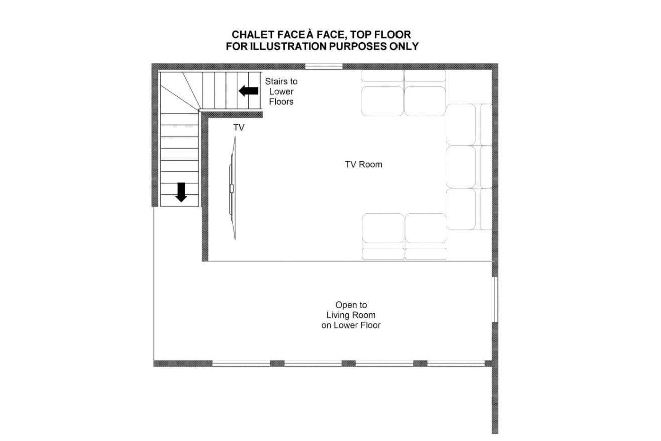Top floor layout: TV room with sectional seating overlooks lower living area