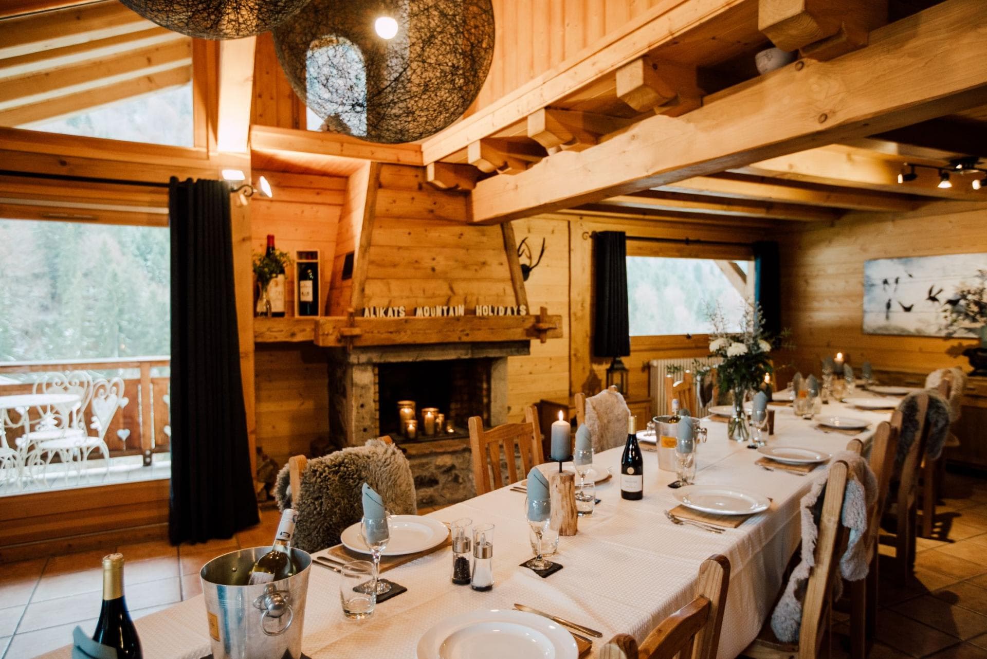Dining area with wood-burning fireplace and seating for 12