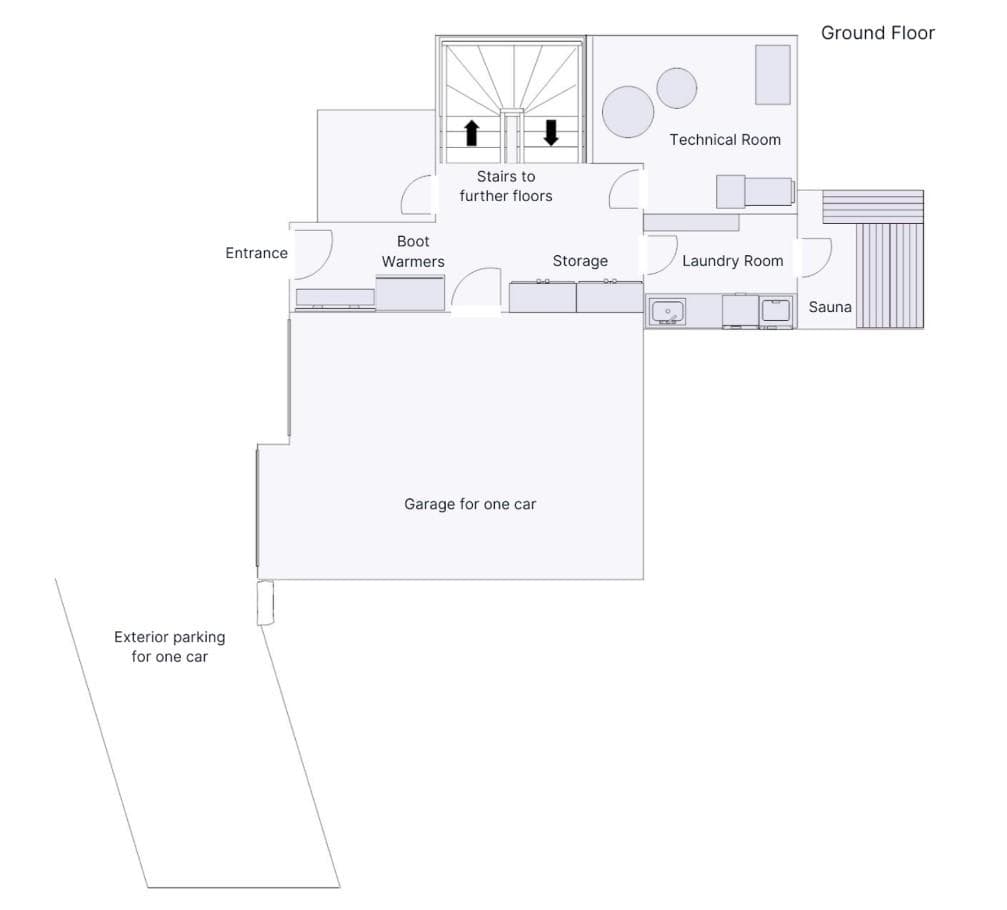 Ground floor plan: garage, laundry, sauna, and boot room with warmers