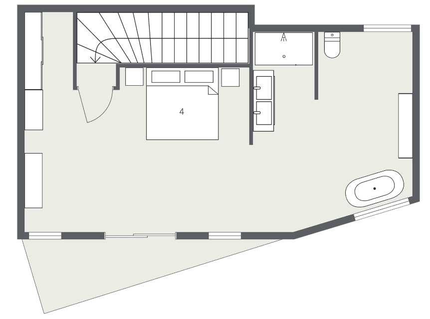Upper floor layout: primary bedroom suite with dual vanity and freestanding tub