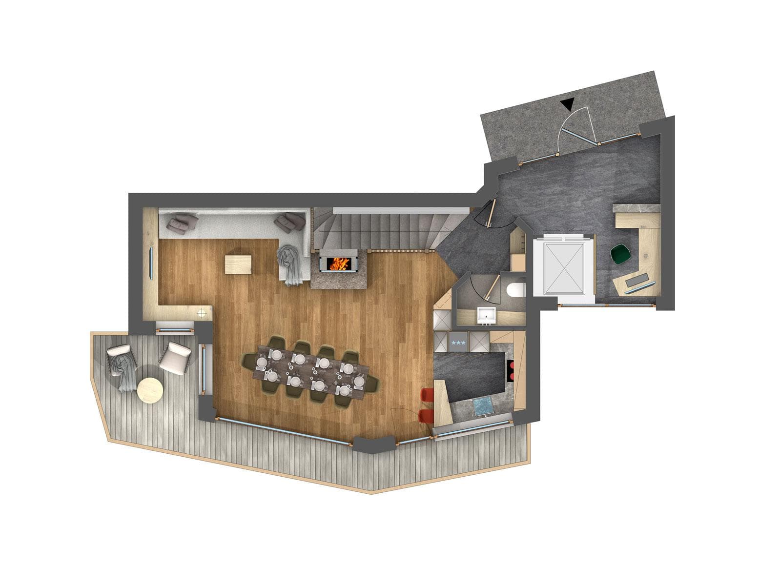 Main floor layout: open-plan living and dining, fireplace, kitchen, and wraparound terrace