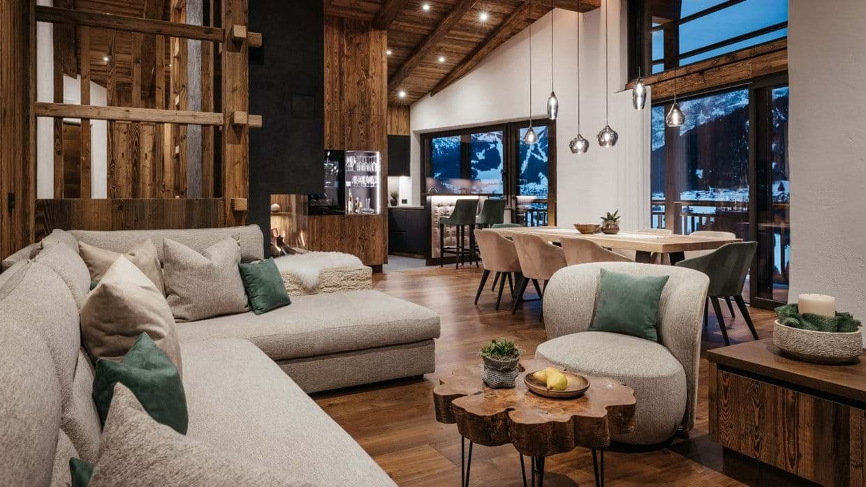 living area with sectional seating and dining for 8; mountain views