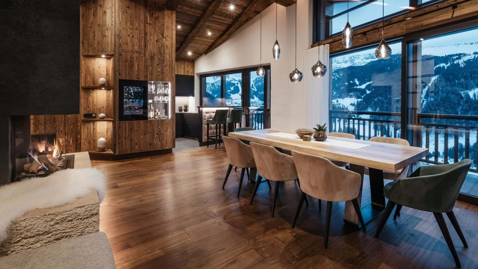 Dining area seats 8; wood-burning fireplace and mountain views