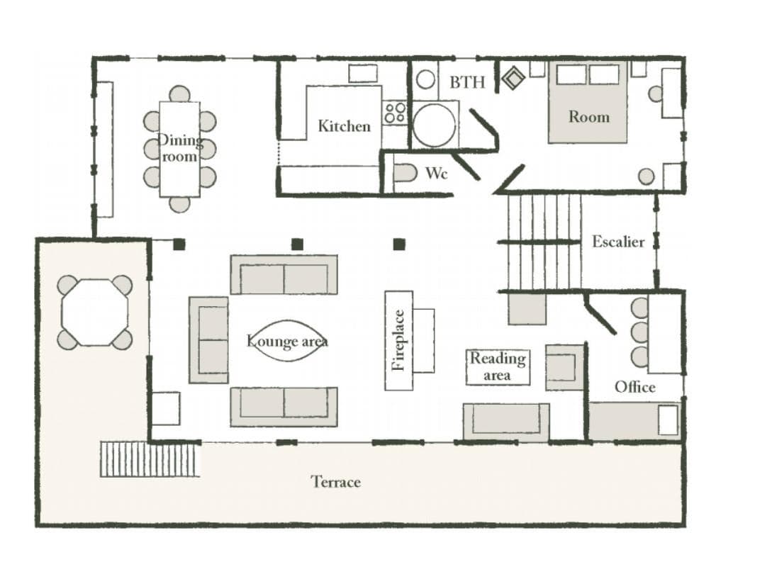 Open-concept floor plan featuring dedicated office and large terrace