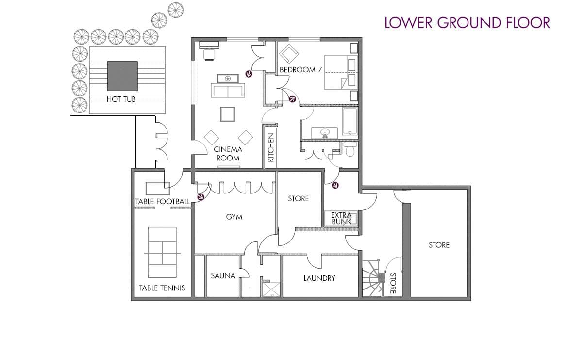 Lower ground floor: cinema, gym, sauna, and games room with outdoor hot tub