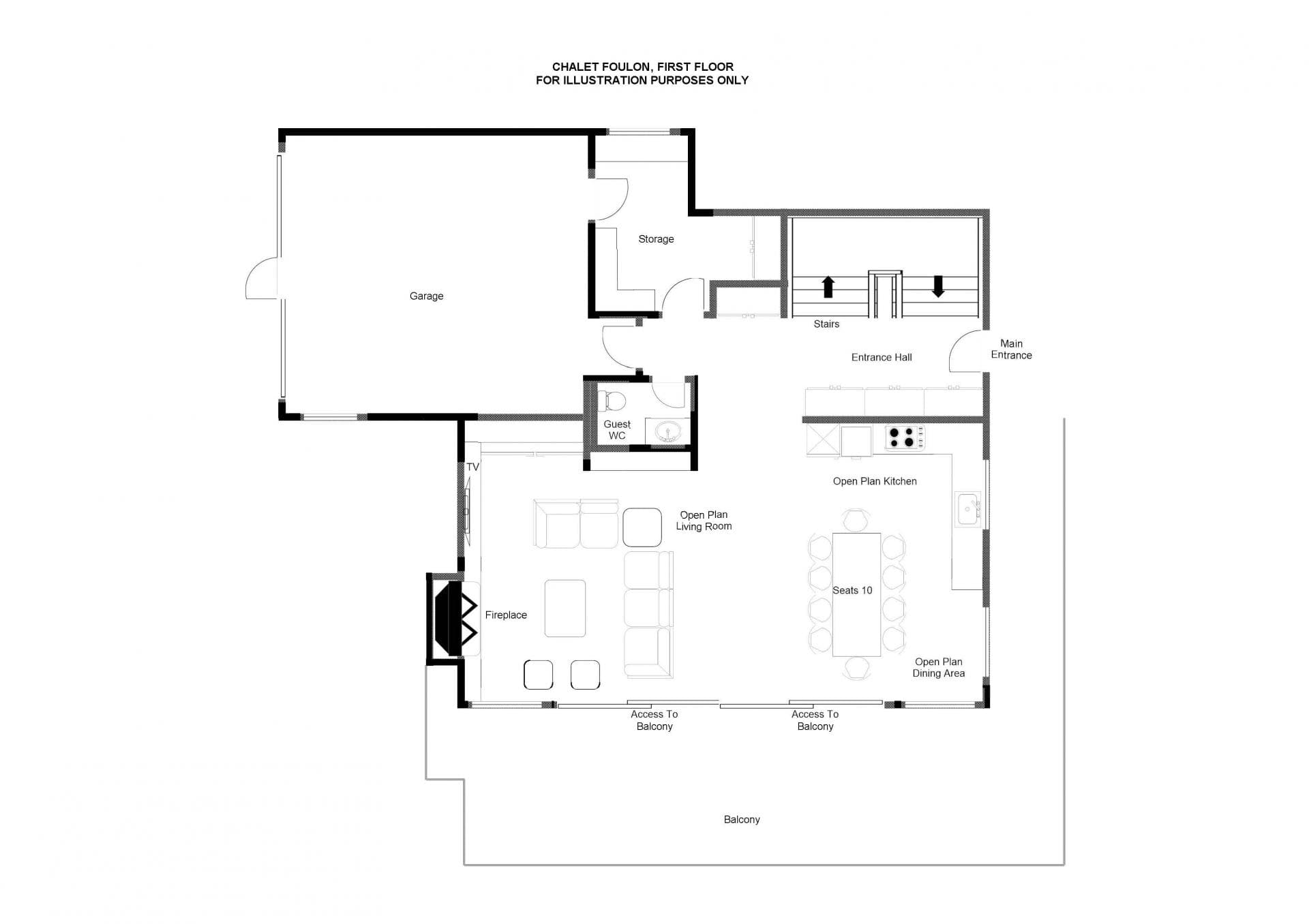 First floor layout: garage, open-plan living and kitchen, fireplace, and balcony access
