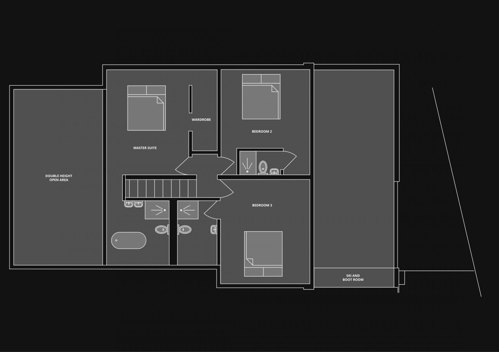 Upper floor plan: master suite with walk-in wardrobe and two guest bedrooms